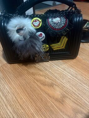 Black Embellished Mini Handbag with Patches and Fur Charm